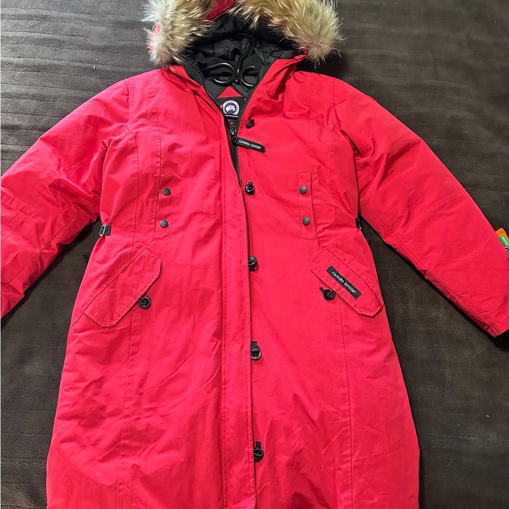 Canada Goose Red Ski Jacket with Hood and Knee-Length Design